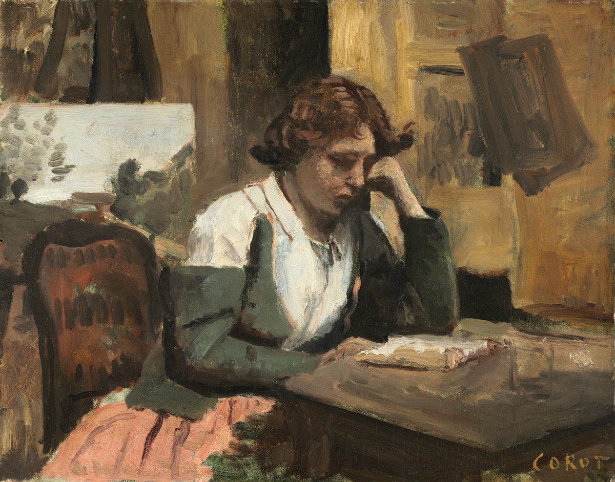 امرأة تقرأ في الاستوديو ، ج. 1868. بواسطة جان بابتيست كميل كوروت