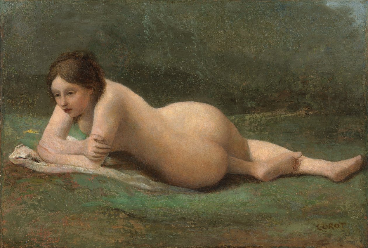 امرأة شابة تتكئ على العشب ، c.1850-60 بواسطة جان بابتيست كميل كوروت
