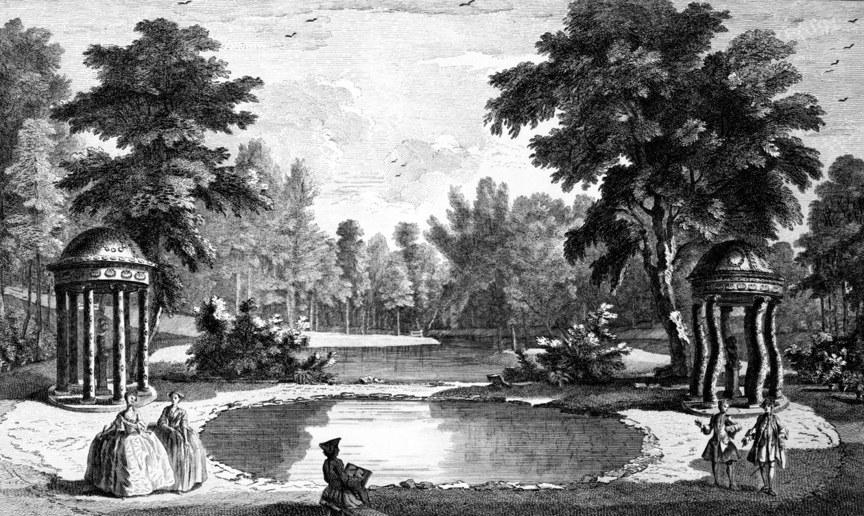 منظر للكهف ومعابد صدفة ، Stowe House Gardens ، منقوش بواسطة جورج بيكهام ، 1753 بواسطة جان بابتيست كلود شاتلين