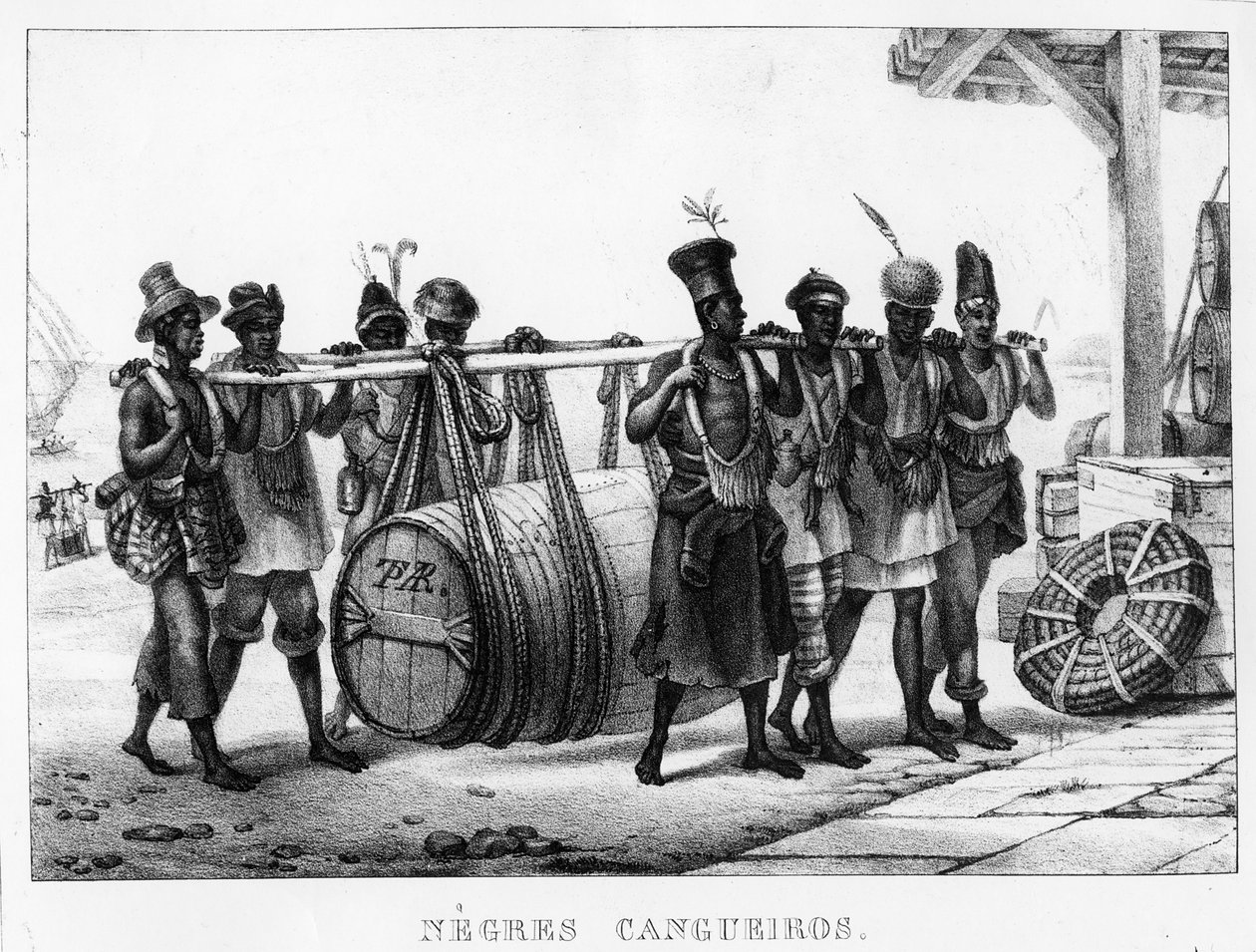 `` Black Cangueiros '' - حمالون سود يحملون برميل خشبي ، محفور بواسطة تييري فرير (1827-1845) ، 1835 بواسطة جان بابتيست ديبرت