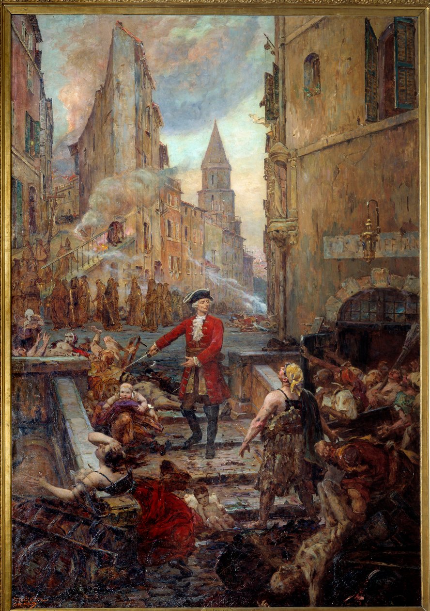قام Chevalier Roze في Montee des Aroules في مرسيليا Nicola Roze (1675-1733) بإطلاق العنان لمنطقة Armoules في مرسيليا من جثث الآفات أثناء الطاعون العظيم عام 1720. رسم جان بابتيست دوفود (1852-1927) بواسطة جان بابتيست دافود