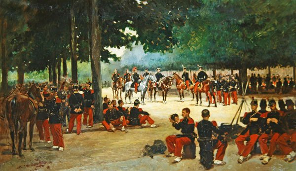 فوج المشاة يسترخي على Bois de Boulogne خلال مراجعة ، c.1885 بواسطة جان بابتيست إدوارد التفاصيل