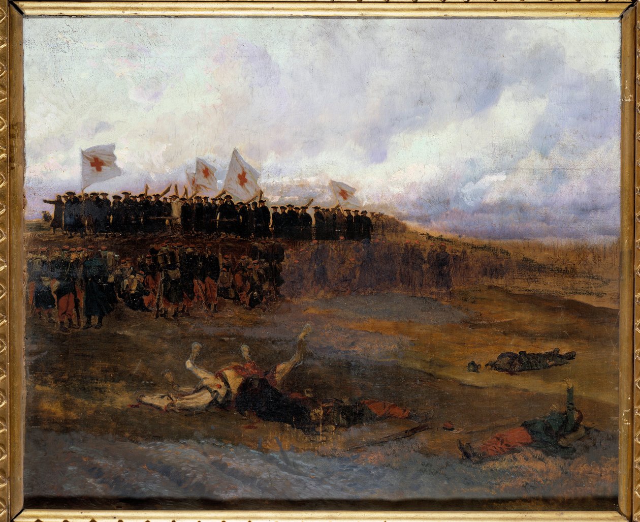 حصار باريس 1870: "" إخوة مدارس العقيدة المسيحية يتجهون نحو ساحة المعركة "" لوحة رسمها إدوارد ديتايل (1848-1912) 1872 صن. 0،53 × 0،65 م بواسطة جان بابتيست إدوارد التفاصيل