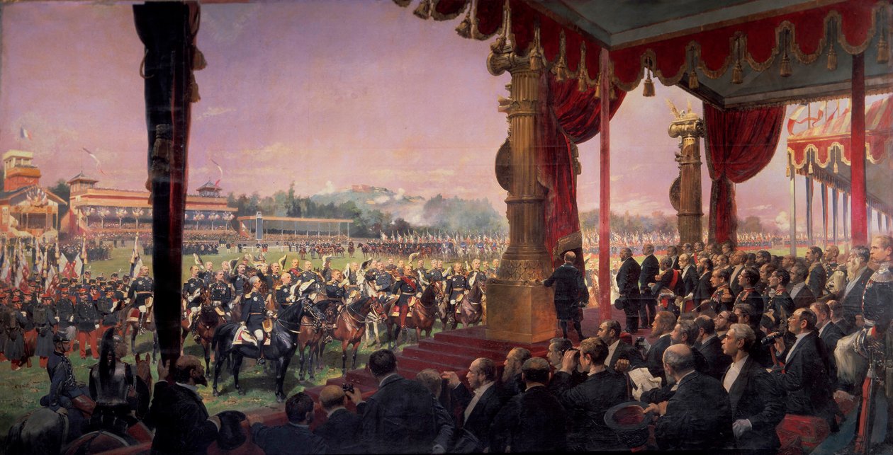 The distribution of flags at Longchamp by President Jules Grevy in the presence of Leon Gambetta on 14 July 1880. Generals greeting the Head of State, groups around the Marechal Canrobert. Painting by Edouard Detaille (1848-1912) بواسطة جان بابتيست إدوارد التفاصيل