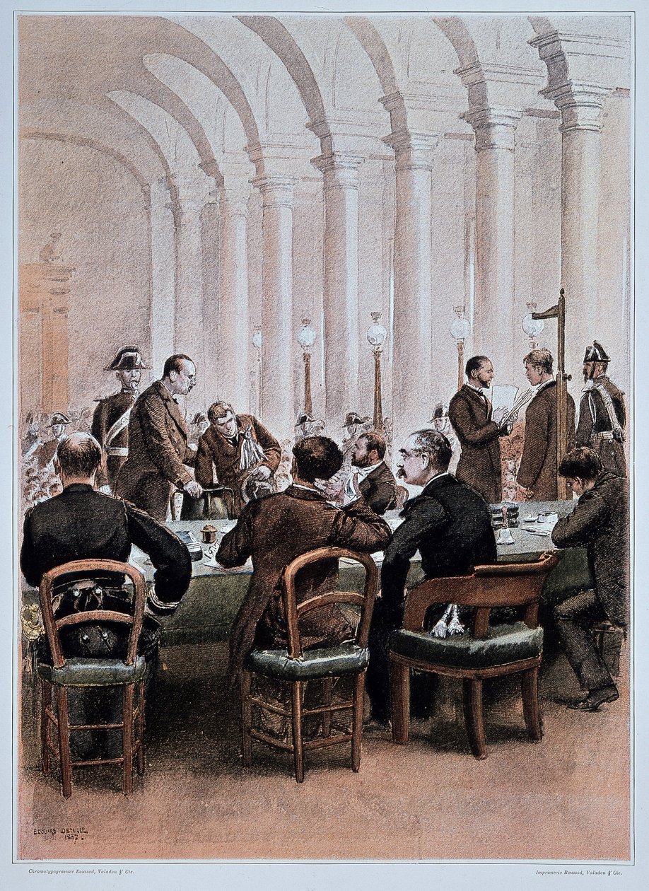 القرعة - باريس ، سال سان جان في "L'Armee francaise" نص جول ريتشارد. طبعات Boussod Valadon et Cie. باريس بواسطة جان بابتيست إدوارد التفاصيل