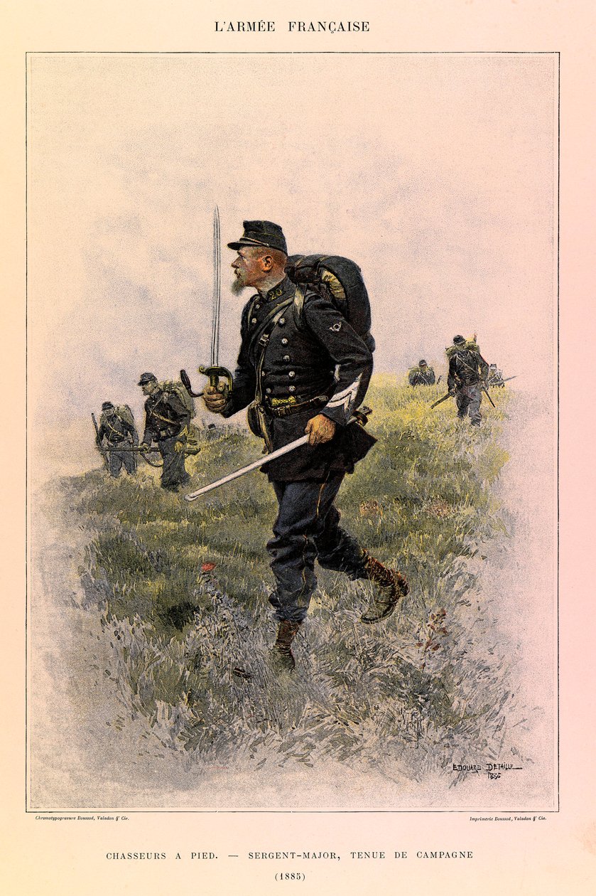أنواع وأزياء الجيش الفرنسي للكابتن جول ريتشارد ، التي رسمها إدوارد ديتايل (1848-1912): صيادو الأقدام: الرقيب الرائد في اللباس الميداني في عام 1885 ، مجموعة خاصة بواسطة جان بابتيست إدوارد التفاصيل