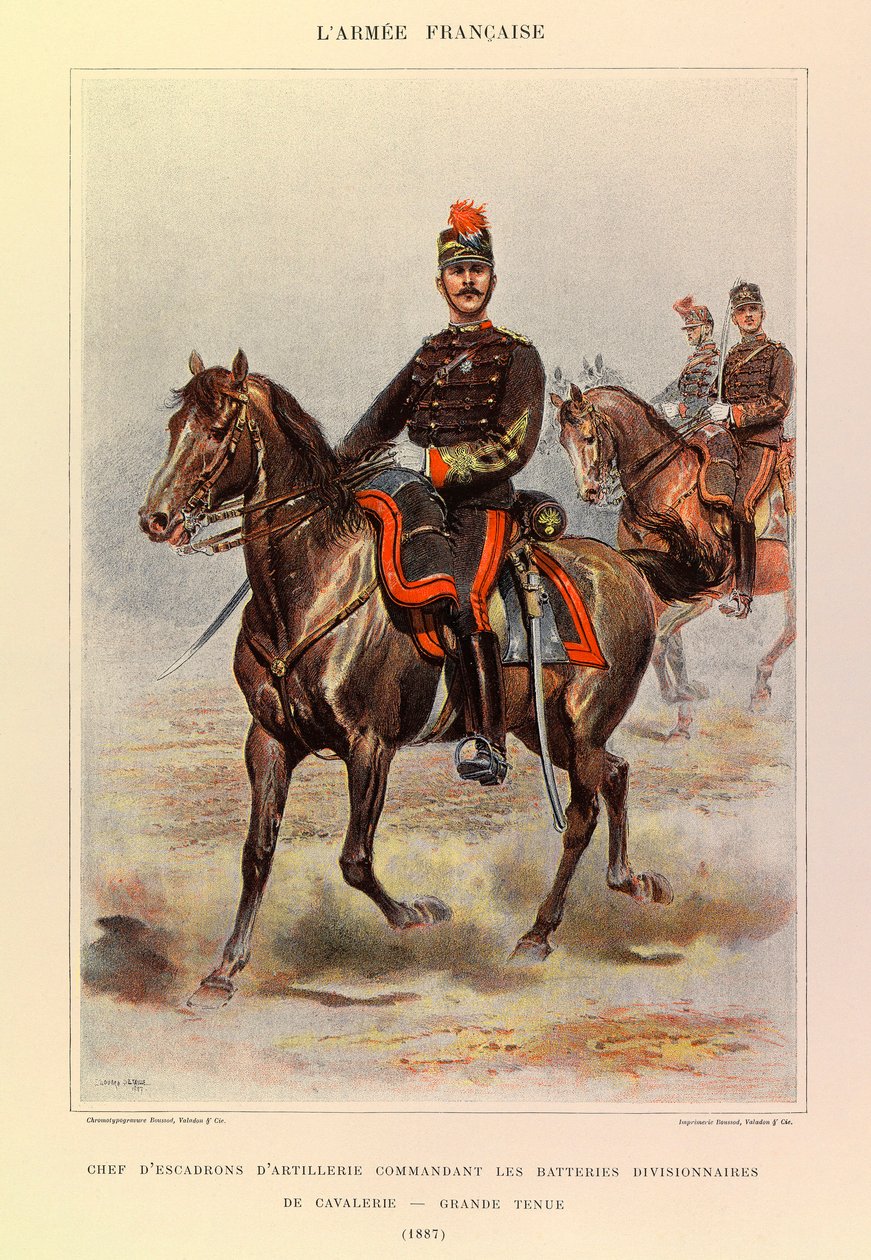 أنواع وأزياء الجيش الفرنسي للكابتن جول ريتشارد ، مصورة من قبل إدوارد ديتايل (1848-1912): قائد سرب المدفعية الذي يقود بطاريات الفرسان في الفرق في الزي الكبير في عام 1887 ، مجموعة خاصة بواسطة جان بابتيست إدوارد التفاصيل