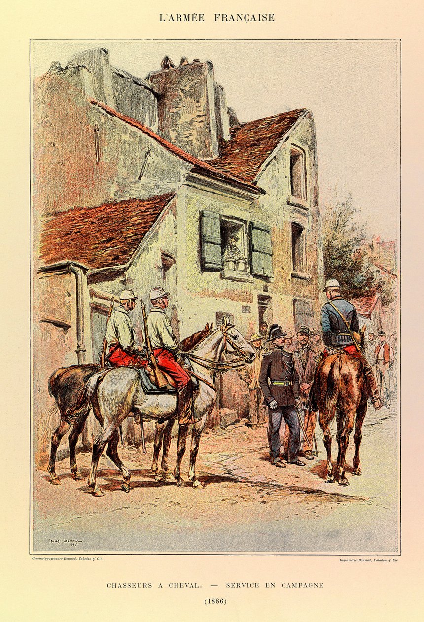 أنواع وأزياء الجيش الفرنسي للكابتن جول ريتشارد ، التي رسمها إدوارد ديتايل (1848-1912): الصيادون على ظهور الخيل ؛ الخدمة الميدانية في عام 1886 ، مجموعة خاصة بواسطة جان بابتيست إدوارد التفاصيل