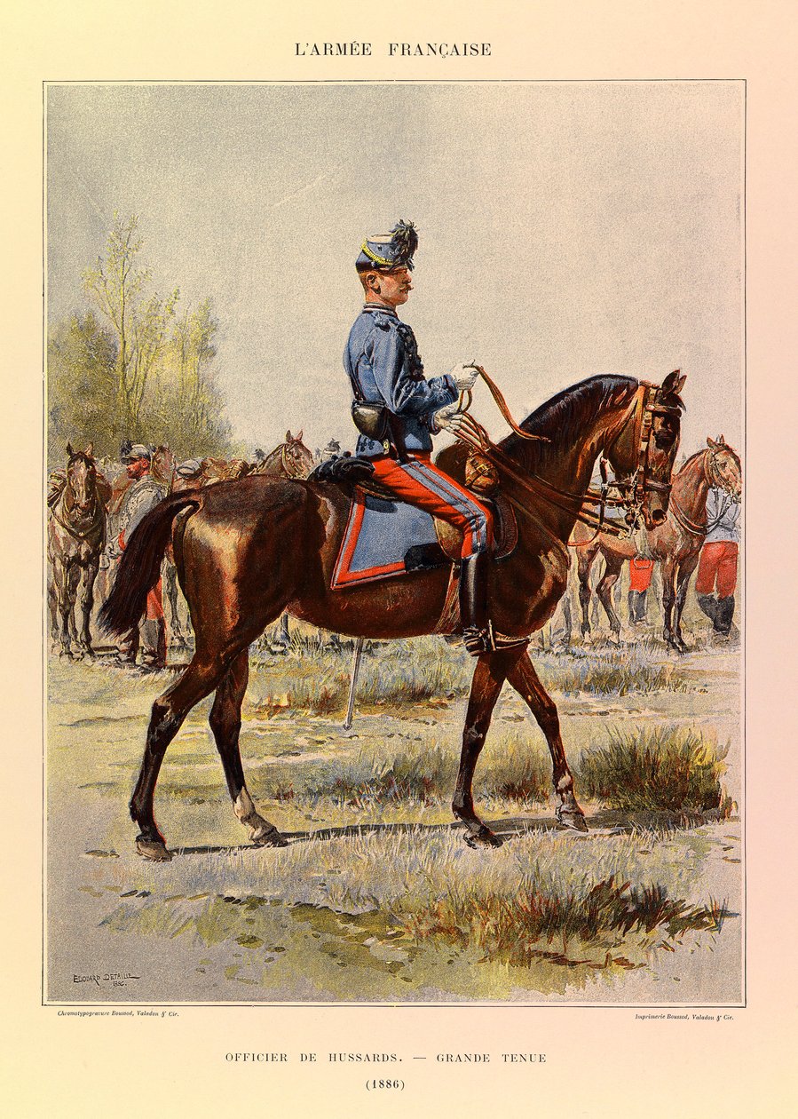 أنواع وأزياء الجيش الفرنسي للكابتن جول ريتشارد ، التي رسمها إدوارد ديتايل (1848-1912): ضابط الفرسان في اللباس الرائع في عام 1886 ، مجموعة خاصة بواسطة جان بابتيست إدوارد التفاصيل