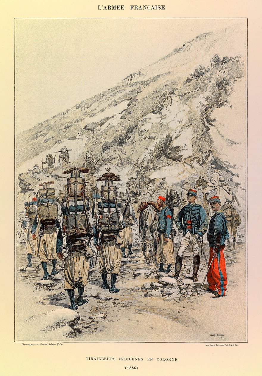 أنواع وأزياء الجيش الفرنسي للكابتن جول ريتشارد ، التي رسمها إدوارد ديتايل (1848-1912): Indigenes Tirailleurs في العمود عام 1886 ، مجموعة خاصة بواسطة جان بابتيست إدوارد التفاصيل
