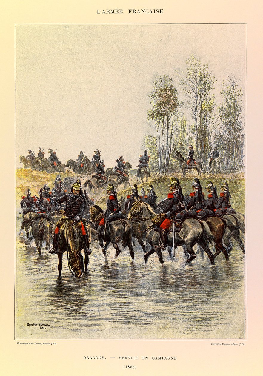 أنواع وأزياء الجيش الفرنسي للكابتن جول ريتشارد ، التي رسمها إدوارد ديتايل (1848-1912): التنينات ؛ الخدمة الميدانية في عام 1885 ، مجموعة خاصة بواسطة جان بابتيست إدوارد التفاصيل