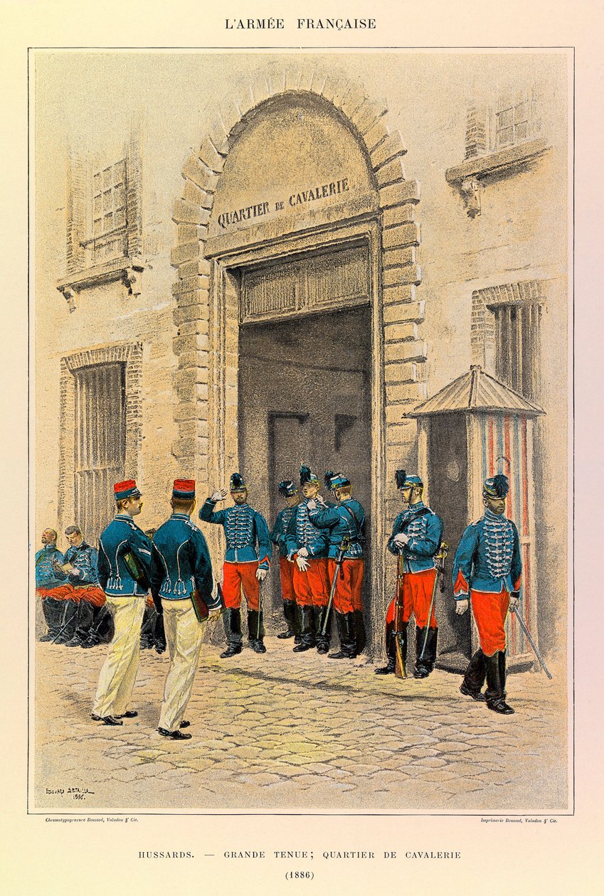 أنواع وأزياء الجيش الفرنسي للكابتن جول ريتشارد ، التي رسمها إدوارد ديتايل (1848-1912): الفرسان في اللباس الرائع ؛ منطقة الفرسان عام 1886 ، مجموعة خاصة بواسطة جان بابتيست إدوارد التفاصيل