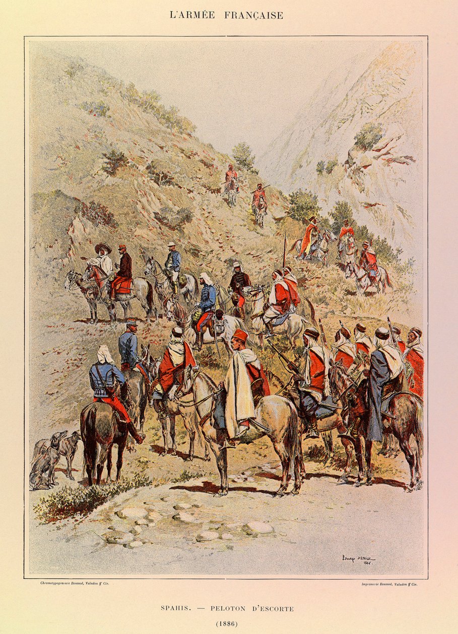 أنواع وأزياء الجيش الفرنسي للكابتن جول ريتشارد ، موضحة بواسطة Edouard Detaille (1848-1912): Spahis ؛ فصيلة مرافقة في عام 1886 ، مجموعة خاصة بواسطة جان بابتيست إدوارد التفاصيل