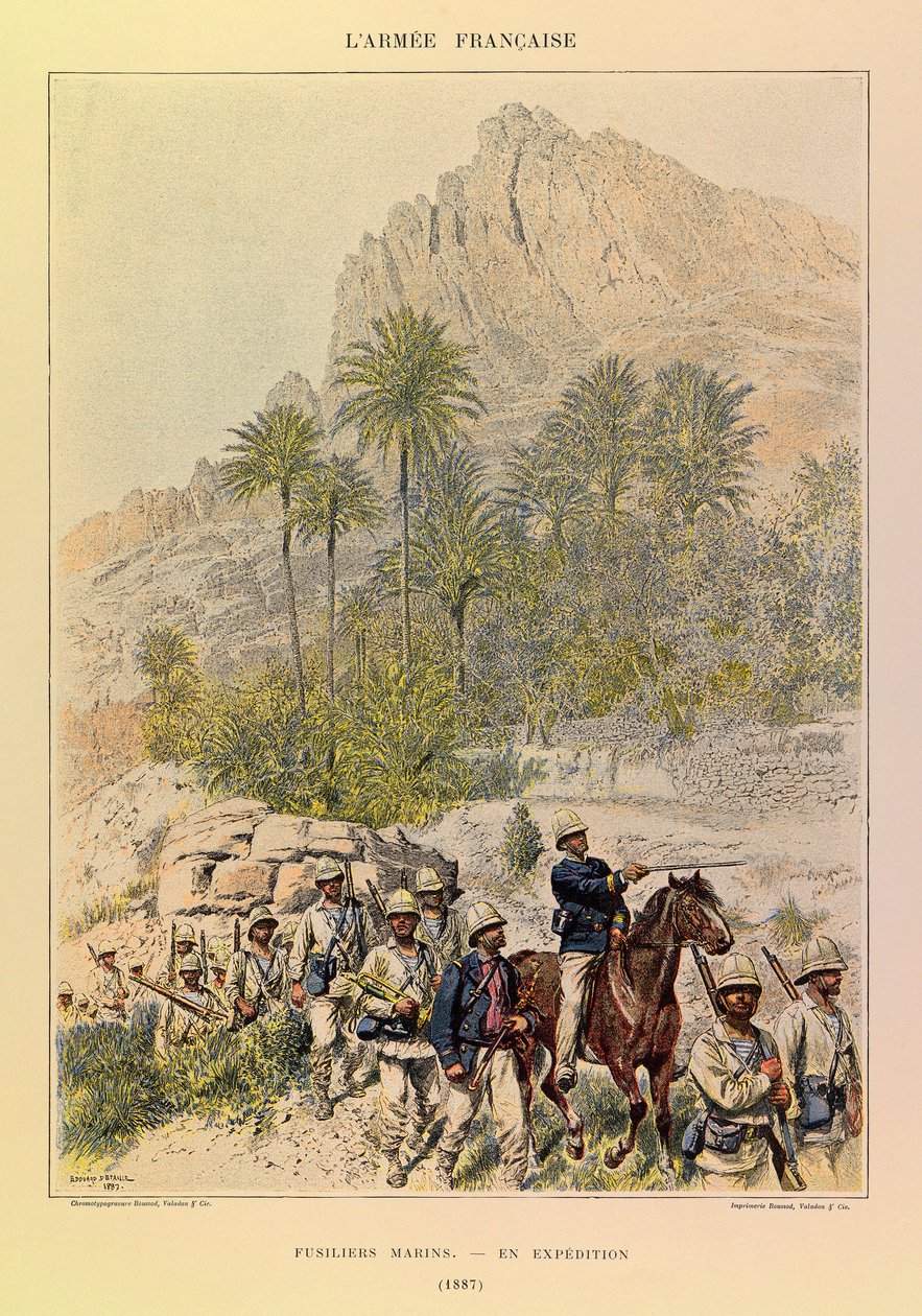أنواع وأزياء الجيش الفرنسي للكابتن جول ريتشارد ، التي رسمها إدوارد ديتايل (1848-1912): فوسيليرس مارينز في رحلة استكشافية في عام 1887 ، مجموعة خاصة بواسطة جان بابتيست إدوارد التفاصيل