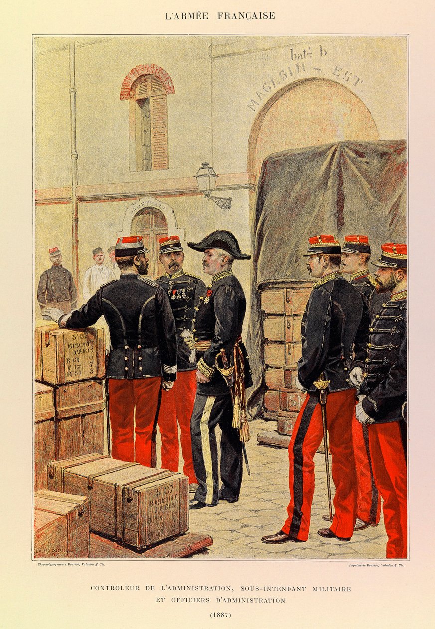 أنواع وأزياء الجيش الفرنسي للكابتن جول ريتشارد ، التي رسمها إدوارد ديتايل (1848-1912): مراقب الإدارة ، نائب المراقب العسكري ، والضباط الإداريين في عام 1887 ، مجموعة خاصة بواسطة جان بابتيست إدوارد التفاصيل