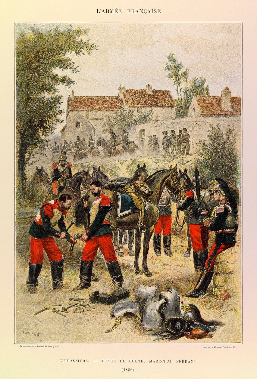 أنواع وأزياء الجيش الفرنسي للكابتن جول ريتشارد ، التي رسمها إدوارد ديتايل (1848-1912): Cuirassiers ؛ التعامل مع الطريق Marechal Ferrant في عام 1886 ، مجموعة خاصة بواسطة جان بابتيست إدوارد التفاصيل