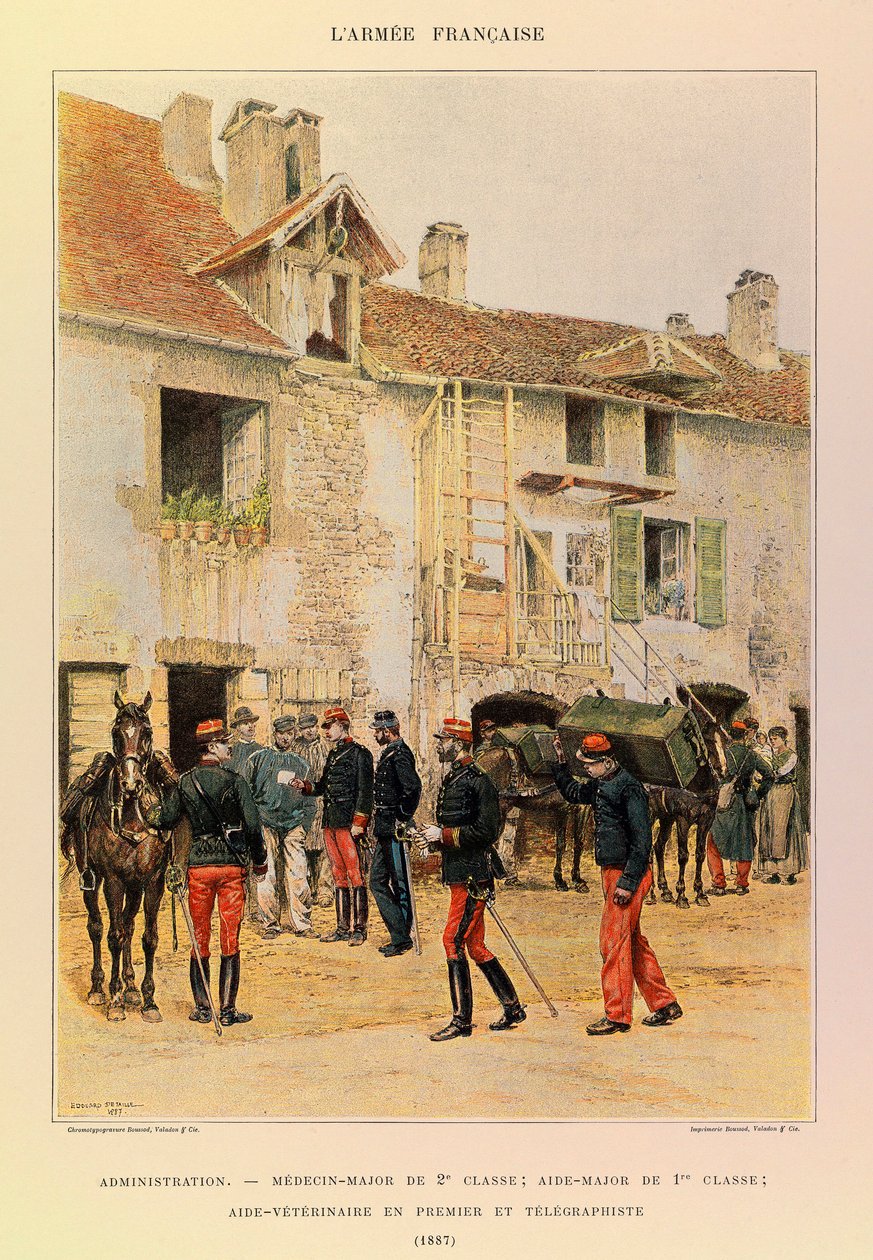 أنواع وأزياء الجيش الفرنسي للكابتن جول ريتشارد ، موضحة من قبل إدوارد ديتايل (1848-1912): الإدارة: تخصص طبي من الدرجة الثانية ؛ رائد مساعد 1 ، فئة ere ؛ مساعد بيطري أول و Telegrapher في عام 1887 ، مجموعة خاصة بواسطة جان بابتيست إدوارد التفاصيل