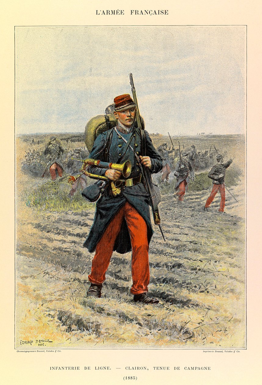 أنواع وأزياء الجيش الفرنسي للكابتن جول ريتشارد ، مصورة من قبل إدوارد ديتايل (1848-1912): مشاة الخط ؛ Clairon in Field Dress في عام 1885 ، مجموعة خاصة بواسطة جان بابتيست إدوارد التفاصيل