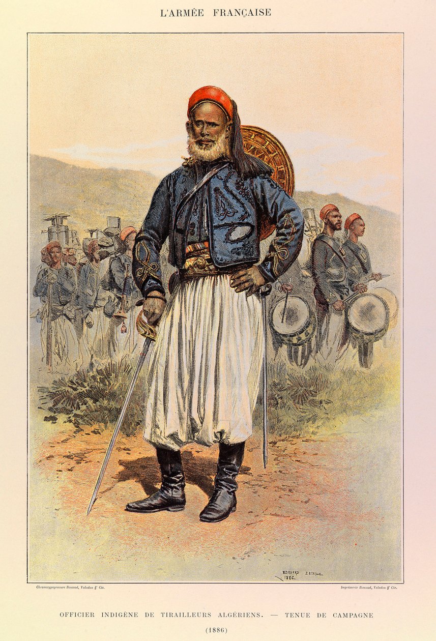 أنواع وأزياء الجيش الفرنسي للكابتن جول ريتشارد ، مصورة من قبل إدوارد ديتايل (1848-1912): ضابط أصلي للون الجزائريين يرتدون الزي الميداني في عام 1886 ، مجموعة خاصة بواسطة جان بابتيست إدوارد التفاصيل