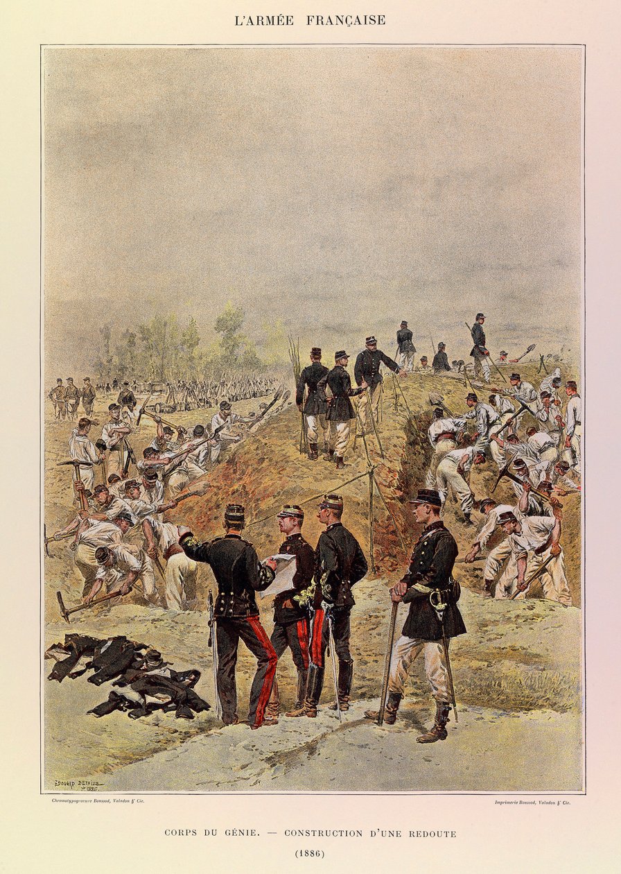 أنواع وأزياء الجيش الفرنسي للكابتن جول ريتشارد ، موضحة بواسطة Edouard Detaille (1848-1912): Corps de Genie ؛ بناء معقل في عام 1886 ، مجموعة خاصة بواسطة جان بابتيست إدوارد التفاصيل
