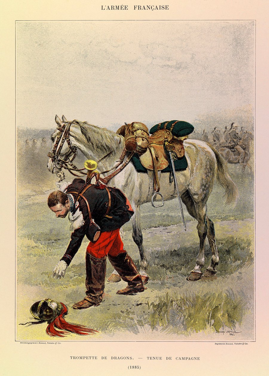 أنواع وأزياء الجيش الفرنسي للكابتن جول ريتشارد ، التي رسمها إدوارد ديتايل (1848-1912): بوق التنانين في اللباس الريفي في عام 1885 ، مجموعة خاصة بواسطة جان بابتيست إدوارد التفاصيل