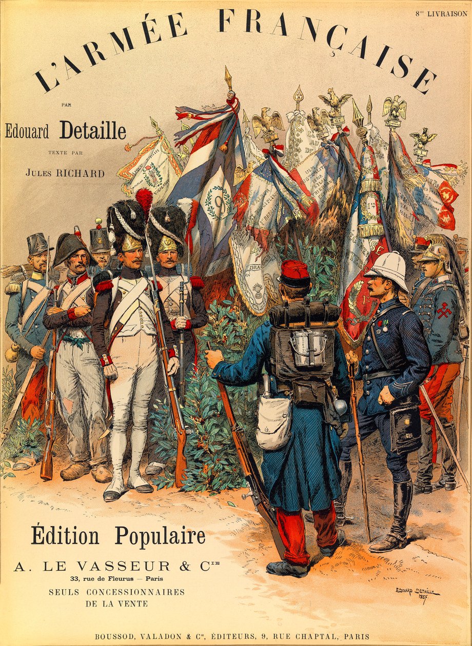 أنواع وأزياء الجيش الفرنسي للكابتن جول ريتشارد ، موضحة بقلم إدوارد ديتايل (1848-1912): الغلاف الأول لكتاب "" L'Armee Francaise بواسطة Edouard Detaille ، مجموعة Partiale بواسطة جان بابتيست إدوارد التفاصيل