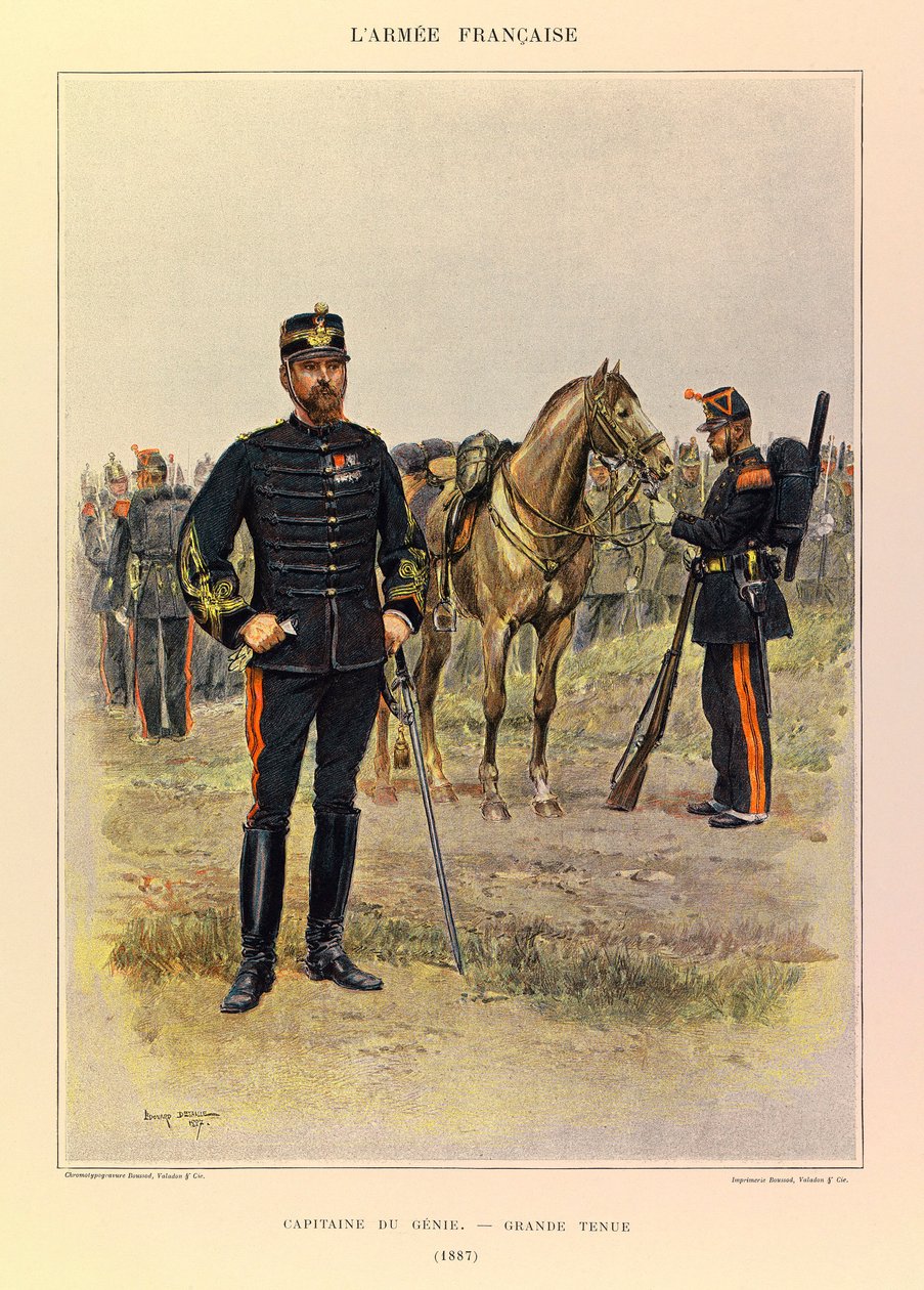أنواع وأزياء الجيش الفرنسي للكابتن جول ريتشارد ، التي رسمها إدوارد ديتايل (1848-1912): قائد الجني يرتدي زيًا رائعًا في عام 1887 ، مجموعة خاصة بواسطة جان بابتيست إدوارد التفاصيل