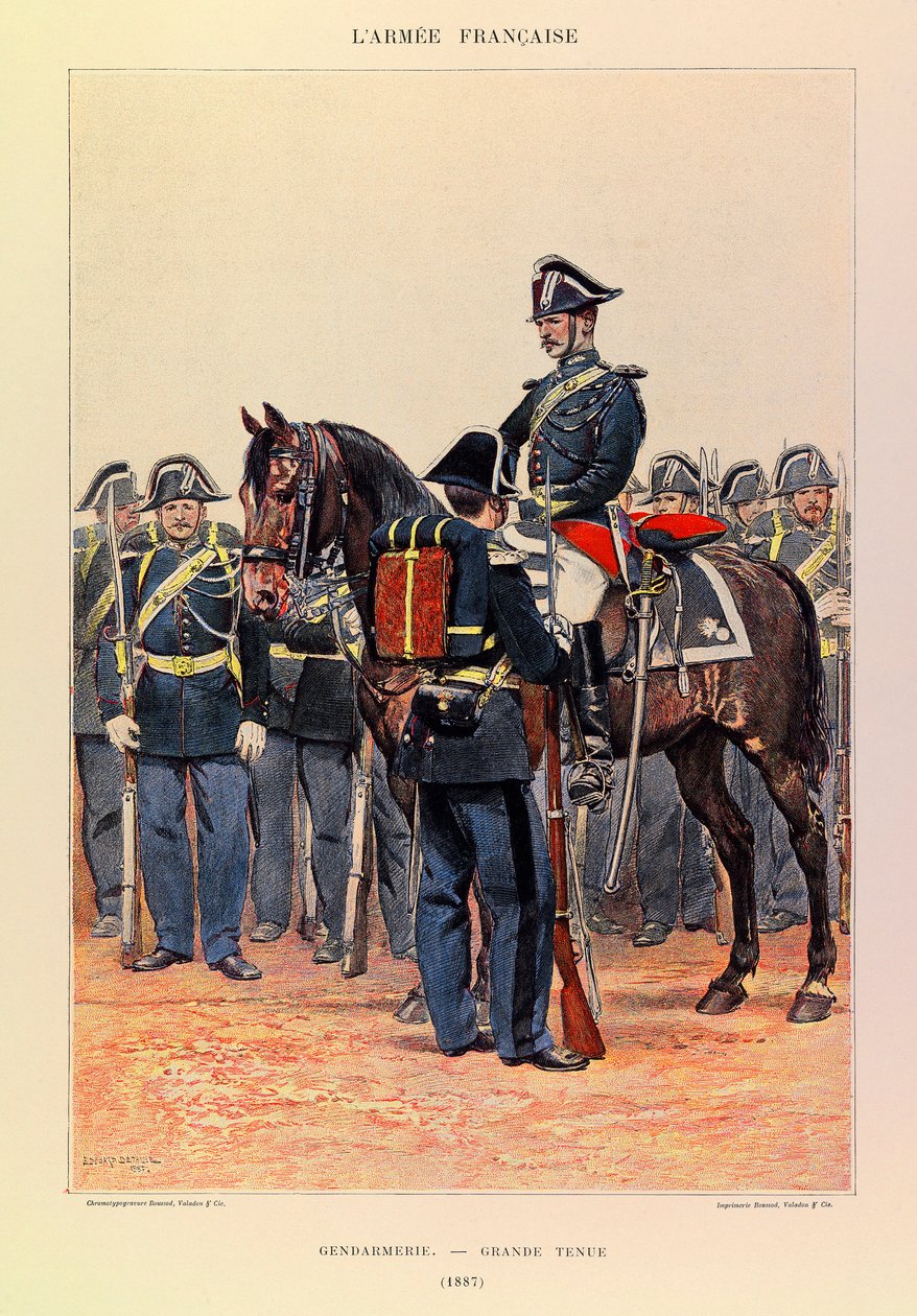 أنواع وأزياء الجيش الفرنسي للكابتن جول ريتشارد ، التي رسمها إدوارد ديتايل (1848-1912): الدرك en grande attire en 1887 ، مجموعة Partiale بواسطة جان بابتيست إدوارد التفاصيل