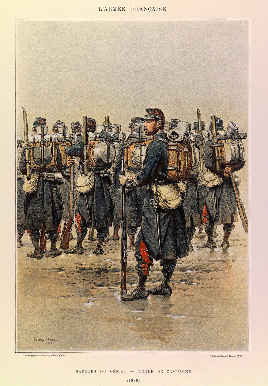 أنواع وأزياء الجيش الفرنسي للكابتن جول ريتشارد ، التي رسمها إدوارد ديتايل (1848-1912): Sapper of the Genie in Country Dress في عام 1886 ، مجموعة خاصة بواسطة جان بابتيست إدوارد التفاصيل