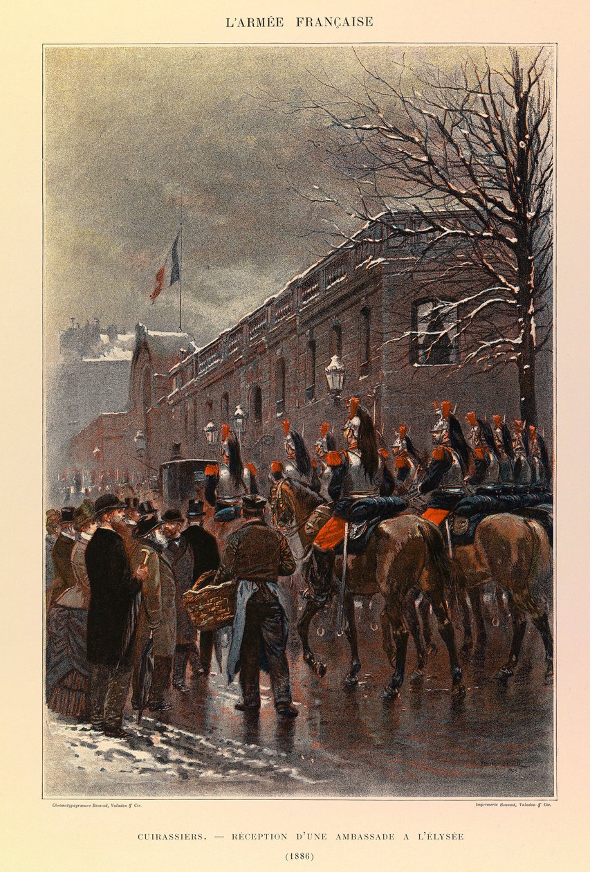 أنواع وأزياء الجيش الفرنسي للكابتن جول ريتشارد ، التي رسمها إدوارد ديتايل (1848-1912): Cuirassiers: استقبال سفارة في الاليزيه في عام 1886 ، مجموعة خاصة بواسطة جان بابتيست إدوارد التفاصيل