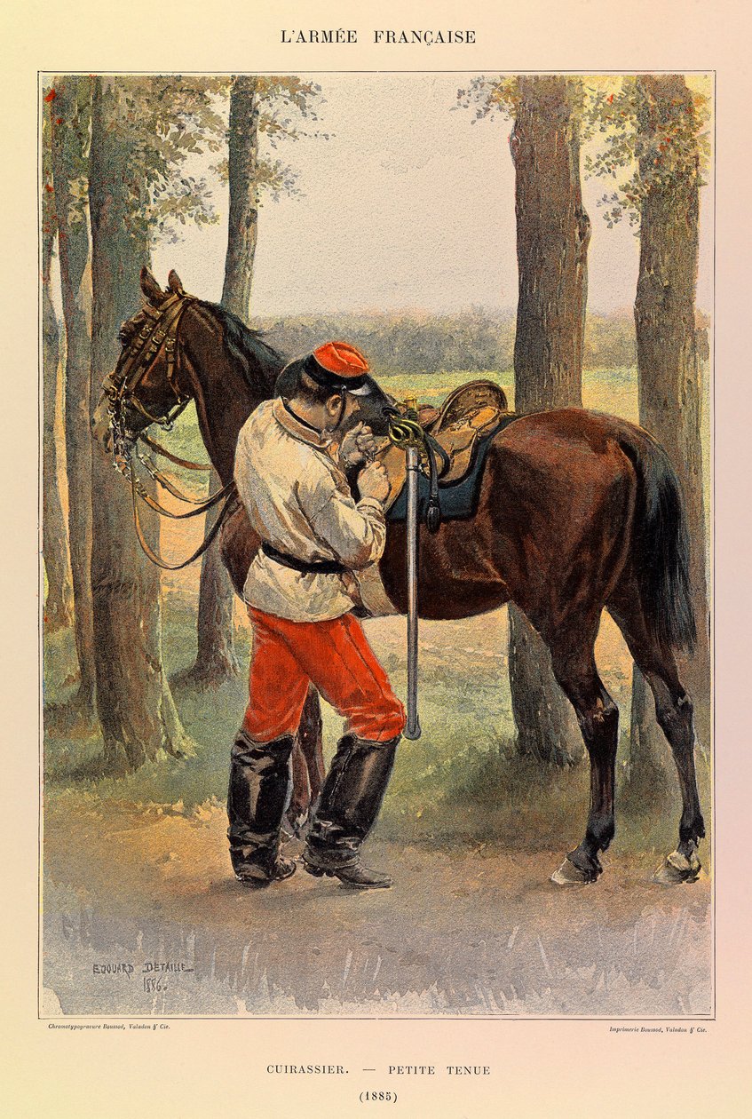 أنواع وأزياء الجيش الفرنسي للكابتن جول ريتشارد ، التي رسمها إدوارد ديتايل (1848-1912): كويرسييه في ثوب صغير عام 1885 ، مجموعة خاصة بواسطة جان بابتيست إدوارد التفاصيل