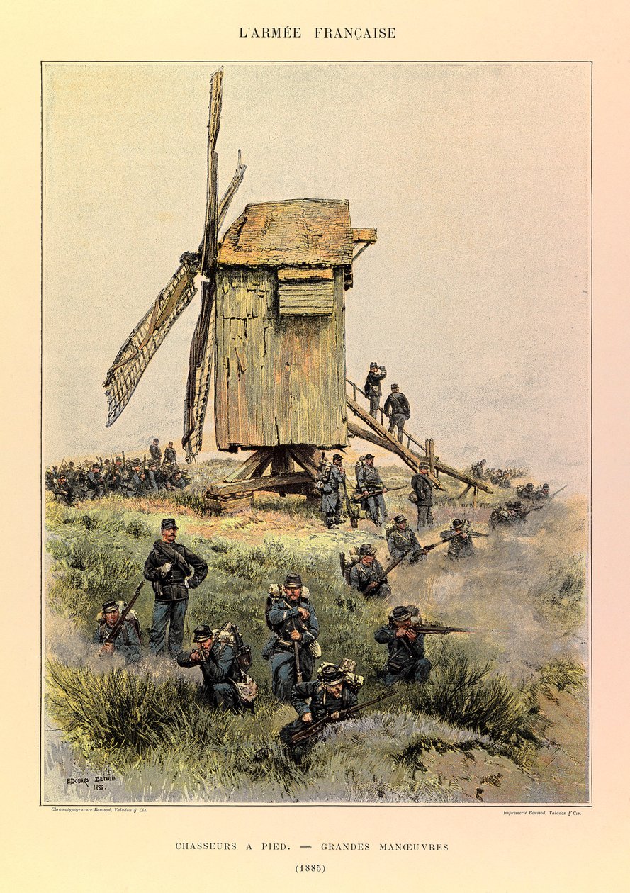 أنواع وأزياء الجيش الفرنسي للكابتن جول ريتشارد ، التي رسمها إدوارد ديتايل (1848-1912): صيادون على الأقدام ؛ المناورات العظيمة في عام 1885 ، مجموعة خاصة بواسطة جان بابتيست إدوارد التفاصيل