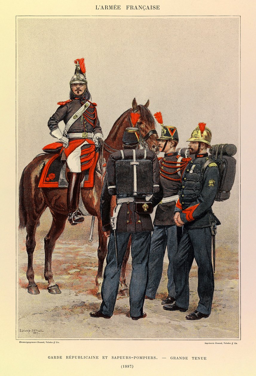 أنواع وأزياء الجيش الفرنسي للكابتن جول ريتشارد ، التي رسمها إدوارد ديتايل (1848-1912): الحرس الجمهوري ورجال الإطفاء في زي رائع في عام 1887 ، مجموعة خاصة بواسطة جان بابتيست إدوارد التفاصيل