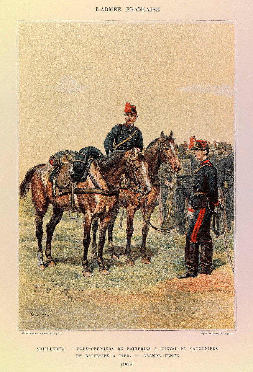أنواع وأزياء الجيش الفرنسي للكابتن جول ريتشارد ، التي رسمها إدوارد ديتايل (1848-1912): المدفعية: ضباط البطاريات على الخيول ومدفعي البطاريات سيرًا على الأقدام بالزي الكبير في عام 1886 ، مجموعة خاصة بواسطة جان بابتيست إدوارد التفاصيل