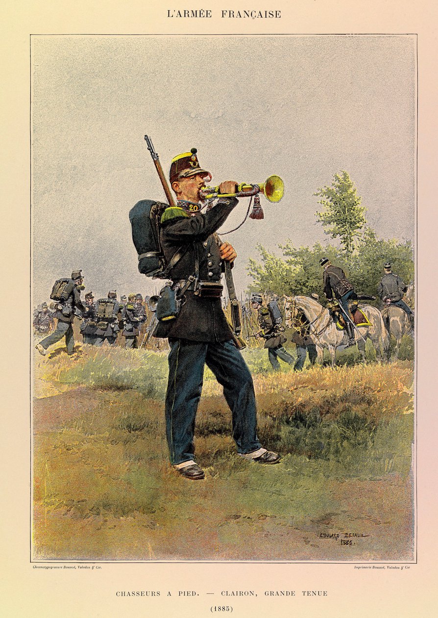 أنواع وأزياء الجيش الفرنسي للكابتن جول ريتشارد ، التي رسمها إدوارد ديتايل (1848-1912): الصيادون على الأقدام: بوق في لباس رائع في عام 1885 ، مجموعة خاصة بواسطة جان بابتيست إدوارد التفاصيل