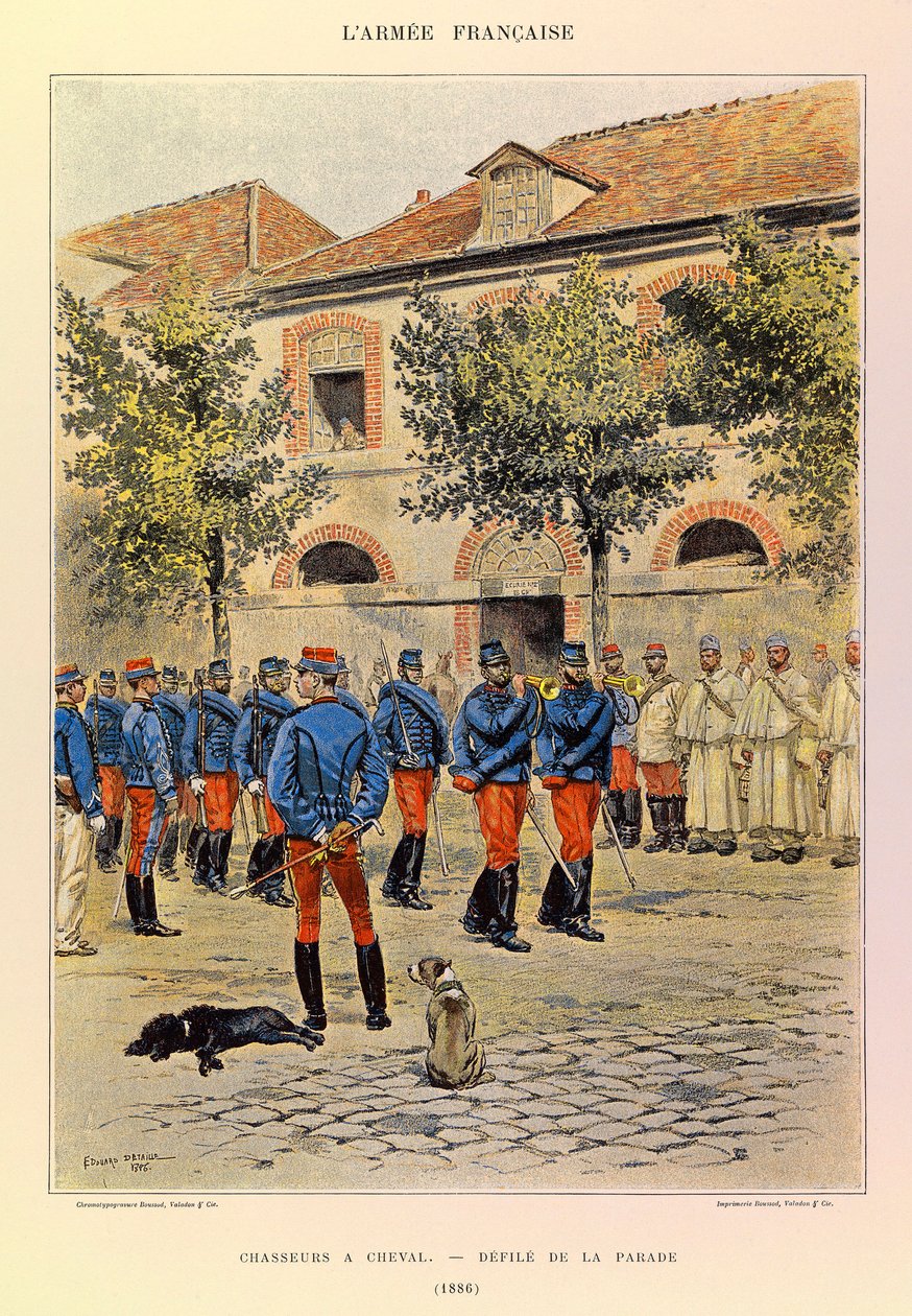 أنواع وأزياء الجيش الفرنسي للكابتن جول ريتشارد ، التي رسمها إدوارد ديتايل (1848-1912): الصيادون على ظهور الخيل ؛ Defile de la parade en 1886 ، مجموعة Partiale بواسطة جان بابتيست إدوارد التفاصيل