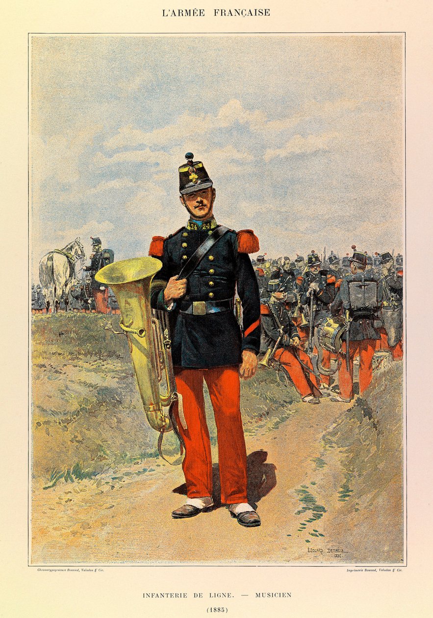 أنواع وأزياء الجيش الفرنسي للكابتن جول ريتشارد ، التي رسمها إدوارد ديتايل (1848-1912): مشاة الخط: موسيقي في عام 1885 ، مجموعة خاصة بواسطة جان بابتيست إدوارد التفاصيل