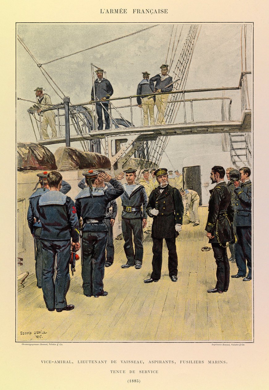 أنواع وأزياء الجيش الفرنسي للكابتن جول ريتشارد ، موضحة بقلم إدوارد ديتايل (1848-1912): البحرية: نائب الأدميرال ، ملازم السفينة ، الطامحين ، البنادق البحرية في لباس الخدمة عام 1885 ، مجموعة خاصة بواسطة جان بابتيست إدوارد التفاصيل