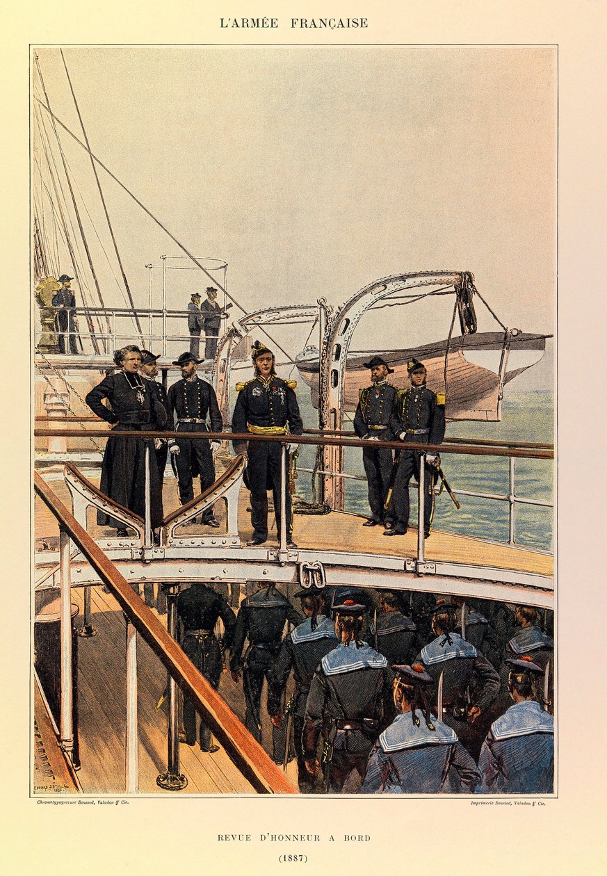 أنواع وأزياء الجيش الفرنسي للكابتن جول ريتشارد ، التي رسمها إدوارد ديتايل (1848-1912): البحرية: Revue d'honneur à bord en 1887 ، مجموعة خاصة بواسطة جان بابتيست إدوارد التفاصيل