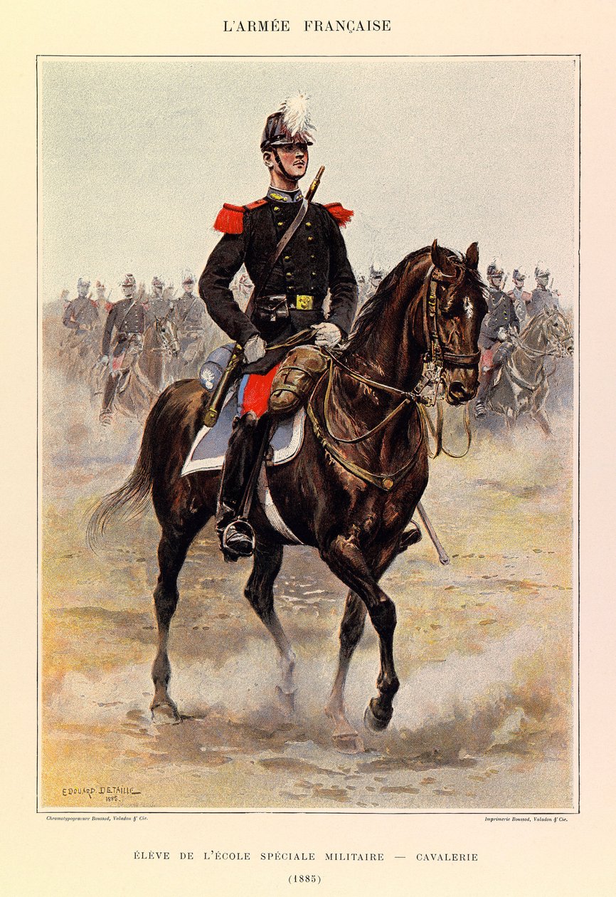 أنواع وأزياء الجيش الفرنسي للكابتن جول ريتشارد ، التي رسمها إدوارد ديتايل (1848-1912): تلميذ المدرسة العسكرية الخاصة: سلاح الفرسان عام 1885 ، مجموعة خاصة بواسطة جان بابتيست إدوارد التفاصيل