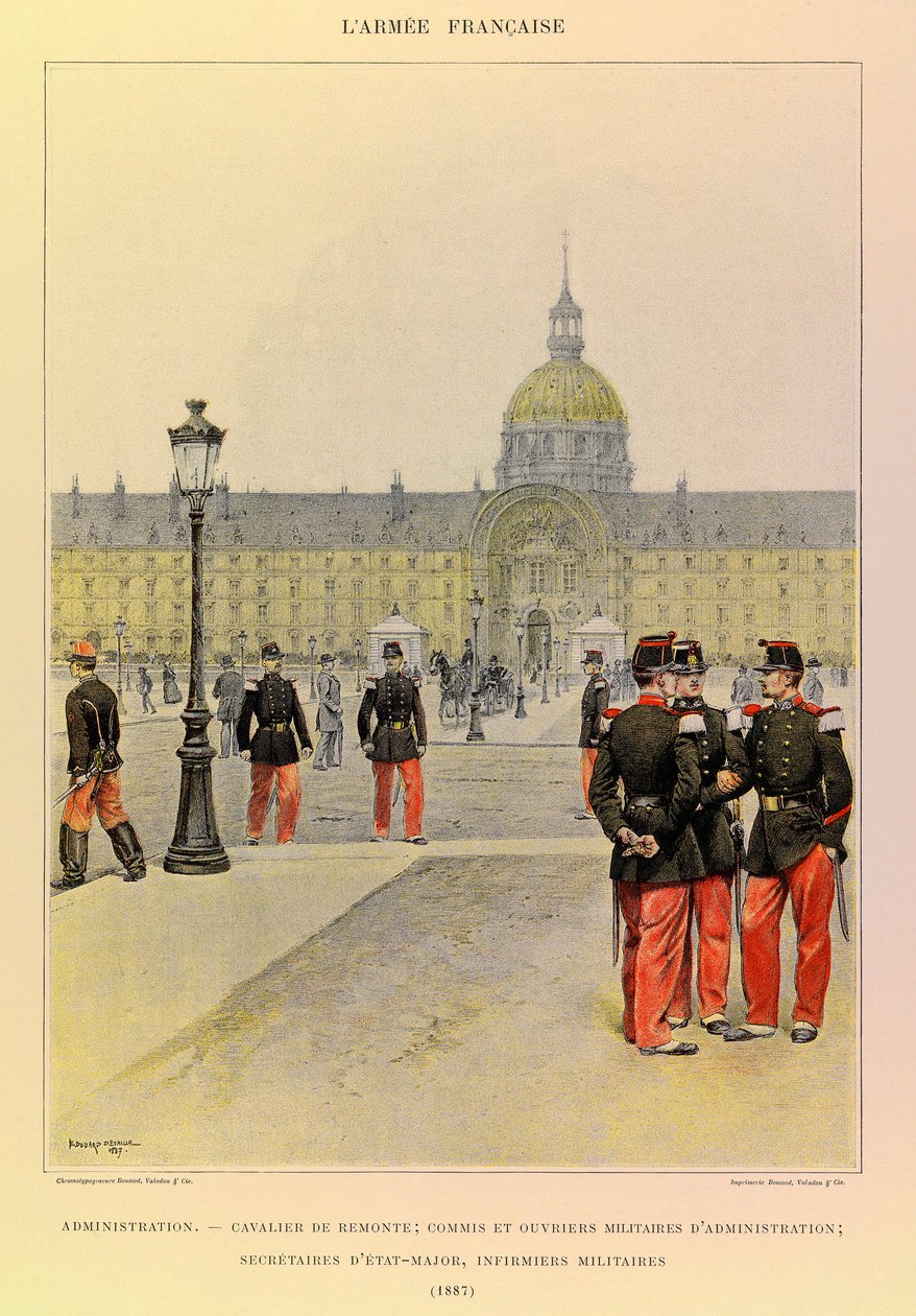 أنواع وأزياء الجيش الفرنسي للكابتن جول ريتشارد ، التي رسمها إدوارد ديتايل (1848-1912): الإدارة: فارس ، كاتب عسكري وعمال إداريون ، سكرتير أركان ، ممرضات عسكرية في عام 1887 ، مجموعة خاصة بواسطة جان بابتيست إدوارد التفاصيل