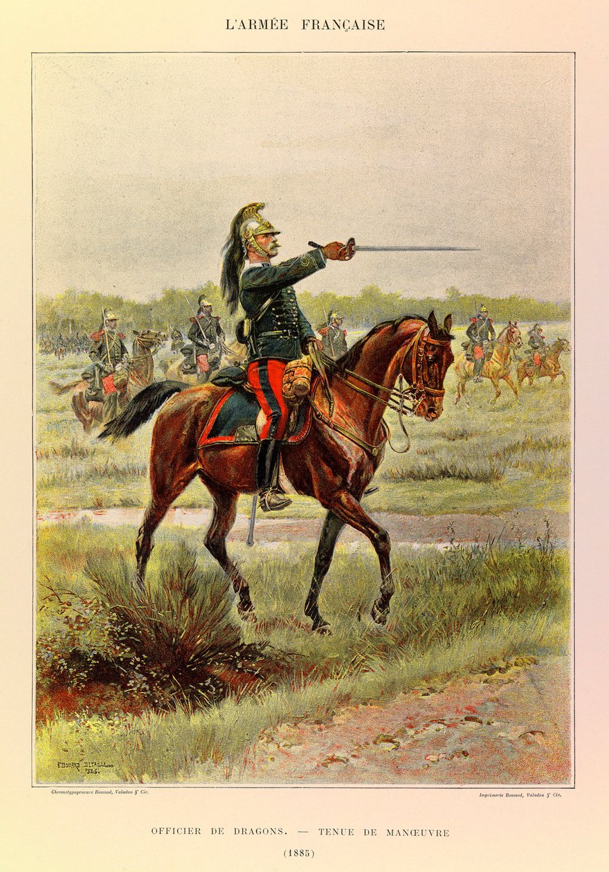 أنواع وأزياء الجيش الفرنسي للكابتن جول ريتشارد ، التي رسمها إدوارد ديتايل (1848-1912): ضابط التنين في بدلة المناورة في عام 1885 ، مجموعة خاصة بواسطة جان بابتيست إدوارد التفاصيل
