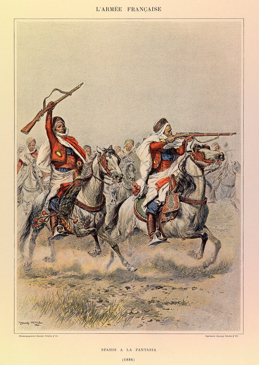 أنواع وأزياء الجيش الفرنسي للكابتن جول ريتشارد ، التي رسمها إدوارد ديتايل (1848-1912): Spahis a la Fantasia في عام 1886 ، مجموعة خاصة بواسطة جان بابتيست إدوارد التفاصيل