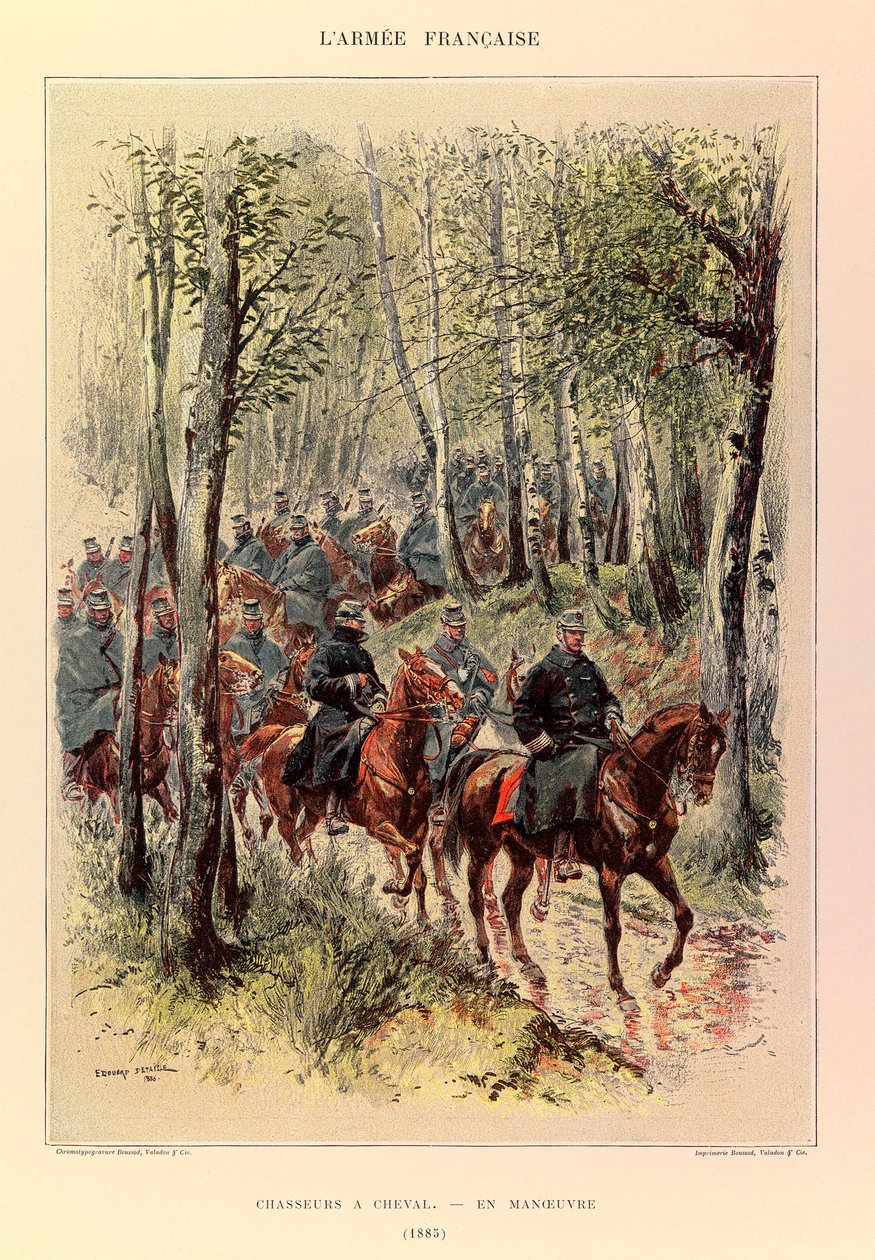أنواع وأزياء الجيش الفرنسي للكابتن جول ريتشارد ، التي رسمها إدوارد ديتايل (1848-1912): صيادون حصان في مناورة في عام 1885 ، مجموعة خاصة بواسطة جان بابتيست إدوارد التفاصيل