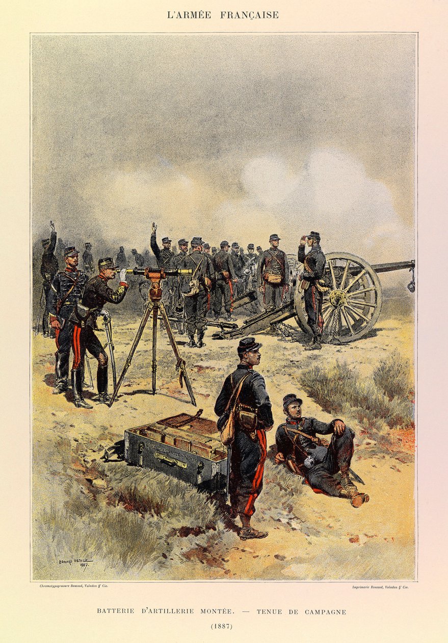 أنواع وأزياء الجيش الفرنسي للكابتن جول ريتشارد ، التي رسمها إدوارد ديتايل (1848-1912): بطارية مدفعية مثبتة في زي ميداني عام 1887 ، مجموعة خاصة بواسطة جان بابتيست إدوارد التفاصيل