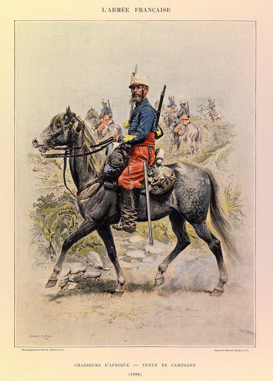 أنواع وأزياء الجيش الفرنسي للكابتن جول ريتشارد ، التي رسمها إدوارد ديتايل (1848-1912): صيادو أفريقيا في ثوب ريفي في عام 1886 ، مجموعة خاصة بواسطة جان بابتيست إدوارد التفاصيل