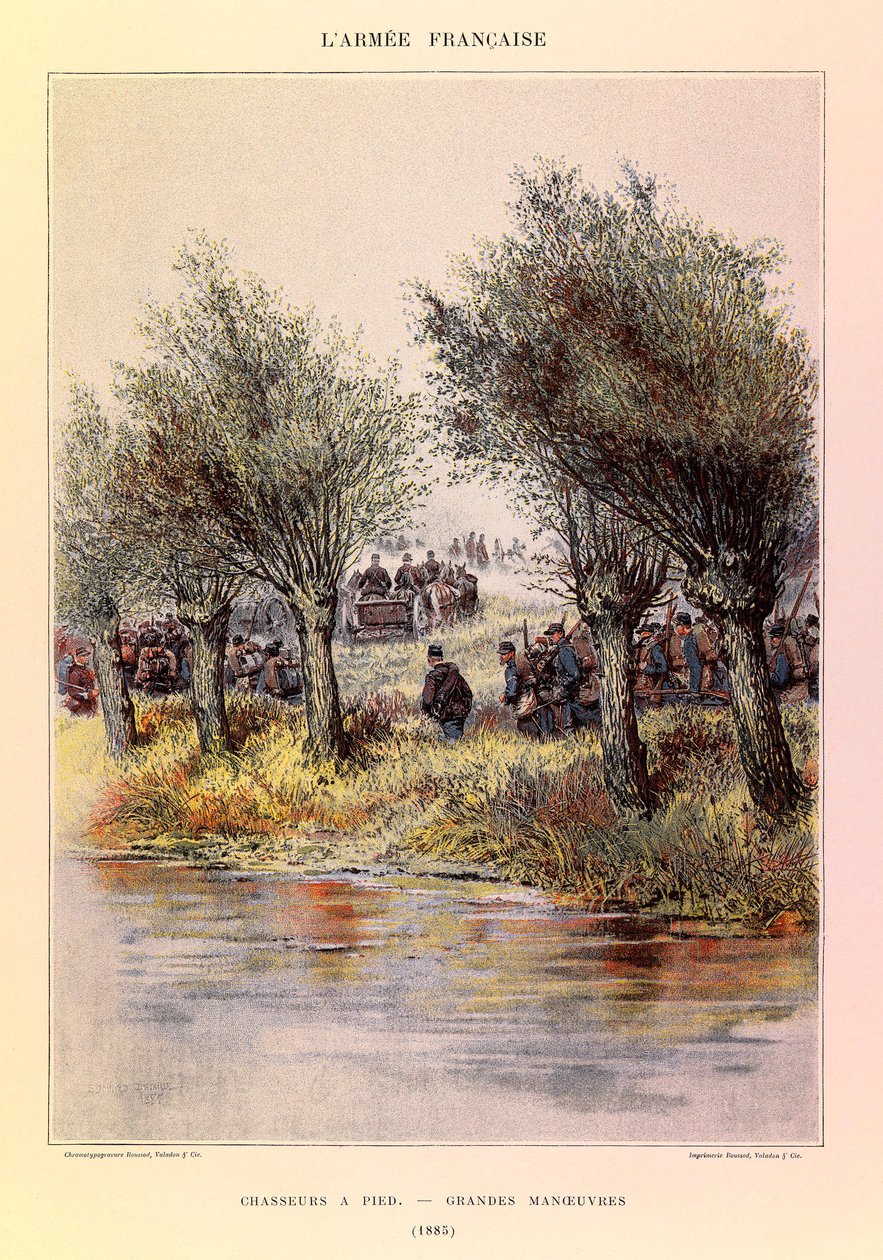 أنواع وأزياء الجيش الفرنسي للكابتن جول ريتشارد ، التي رسمها إدوارد ديتايل (1848-1912): صيادون على الأقدام ؛ المناورات العظيمة في عام 1885 ، مجموعة خاصة بواسطة جان بابتيست إدوارد التفاصيل