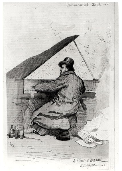 الكسيس إيمانويل تشابرير (1841-1894) على البيانو ، الذي نقشه فلوريان (انظر أيضًا 165875) بواسطة جان بابتيست إدوارد بعد التفاصيل