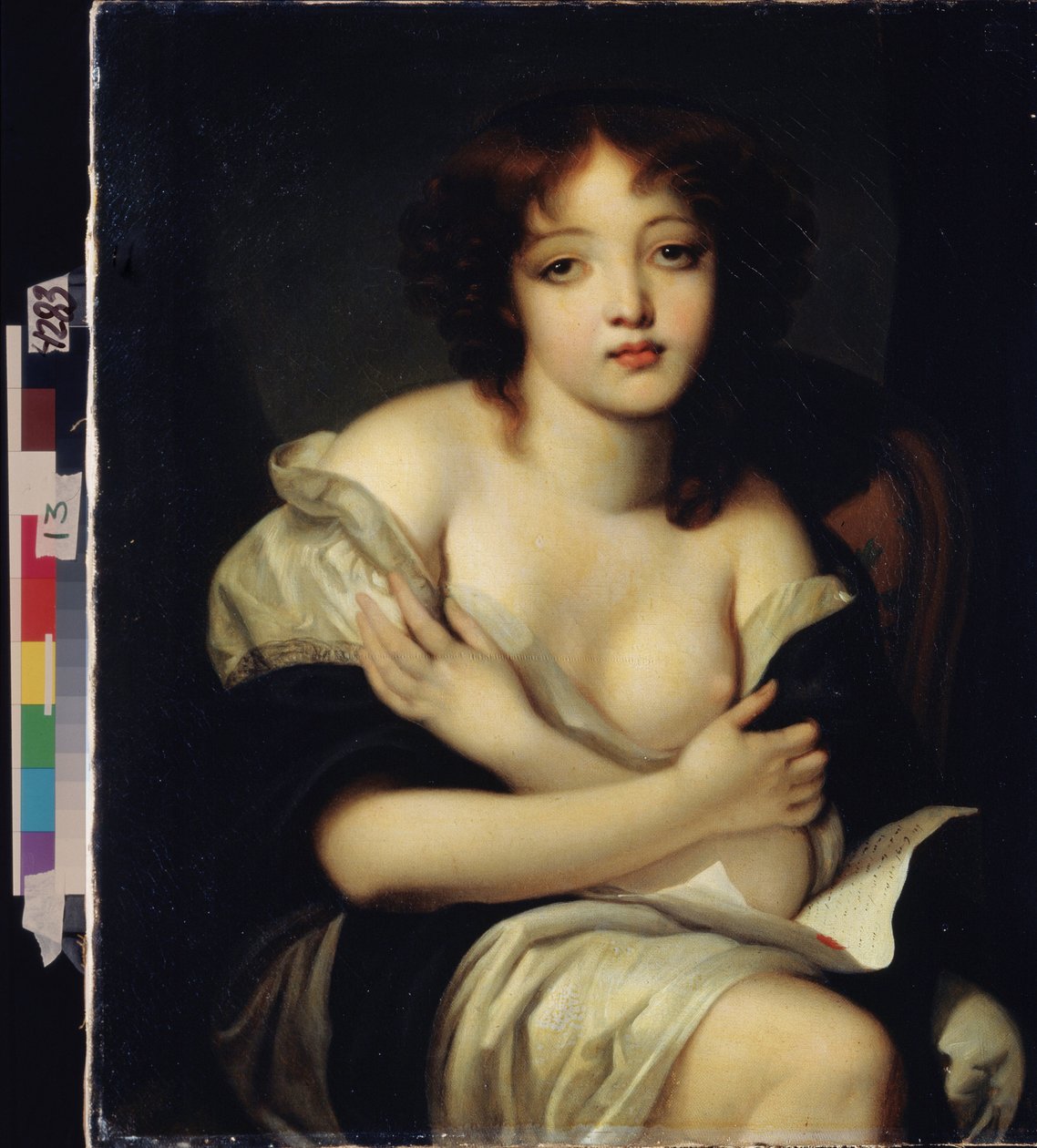 "الحرف" (حرف) فتاة شابة عارية بتعبير حزين ، تحمل رسالة حب. رسم جان بابتيست غريوز (1725-1805) متحف الدولة في أرخانجيلسكوي العقارية ، موسكو بواسطة جان بابتيست غريوز