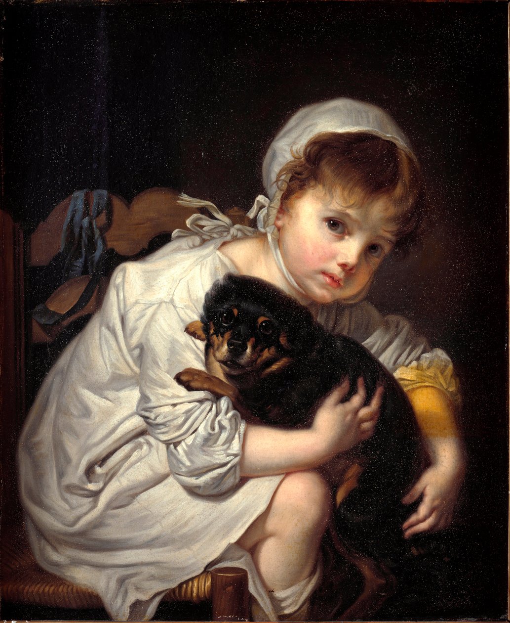 La petite fille au petit chien رسم جان بابتيست (جان بابتيست) غريوز (1725-1805) 1769 مقاس 64x53 سم ميلان ، سيفيش راكولتي ديل كاستيلو سفورزيسكو بواسطة جان بابتيست غريوز